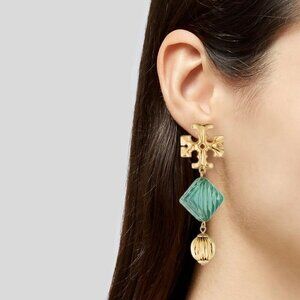 Tory Burch Roxanne Azure Green 18K Gold Plated Double Drop Clip-On Earrings